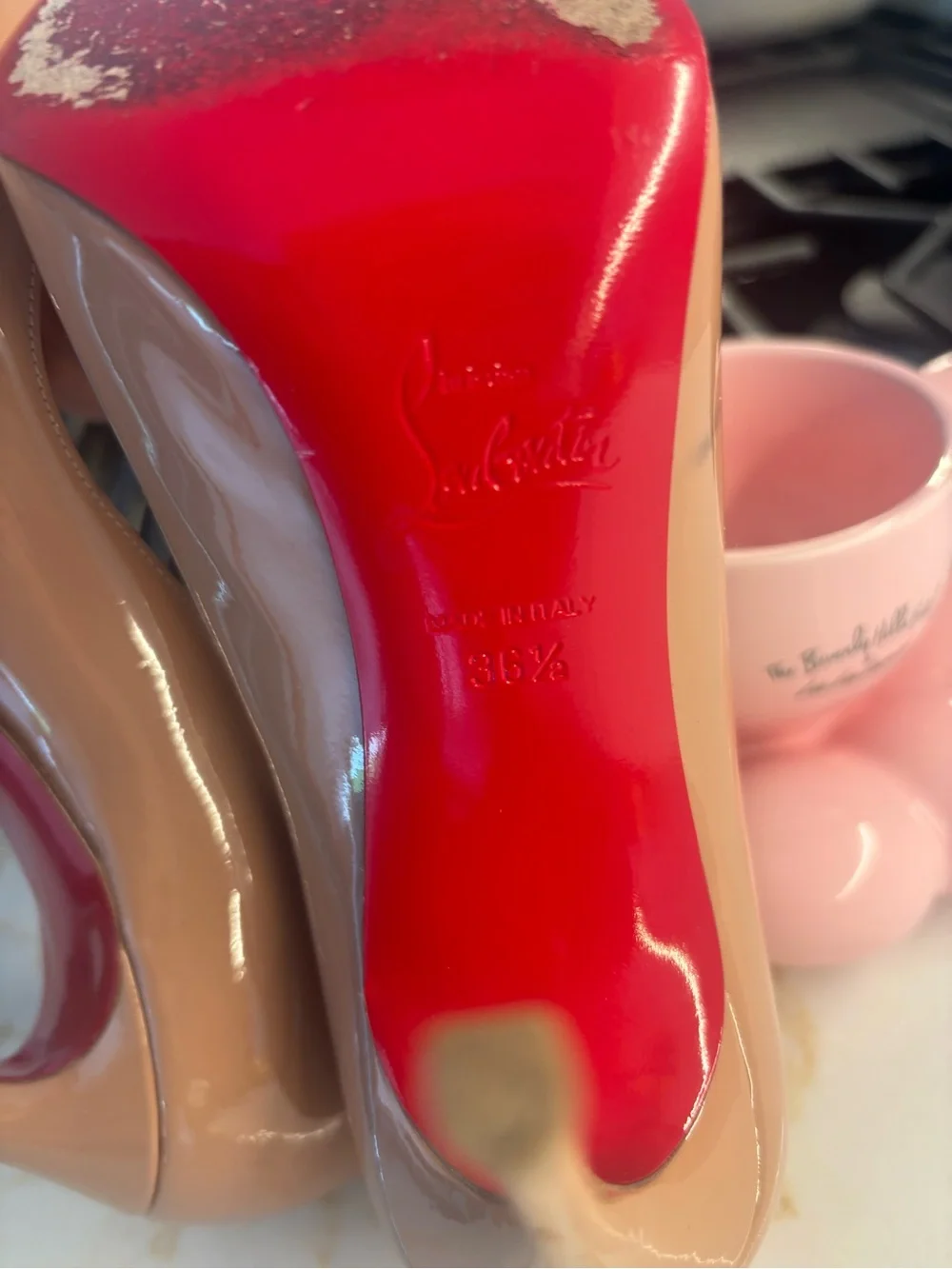 Christian Louboutin Nude Patent Pigalle 100 Pumps - Beige Patent with Red Sole